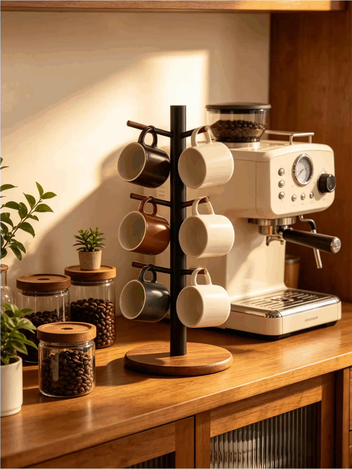 Wooden Mug Tree Holder With 6 Hooks, Countertop Coffee Cup Rack, Kitchen Countertop Wooden Cup Holder, Coffee Bar Teacup Display And Storage Organizer - Multicolor - View 2