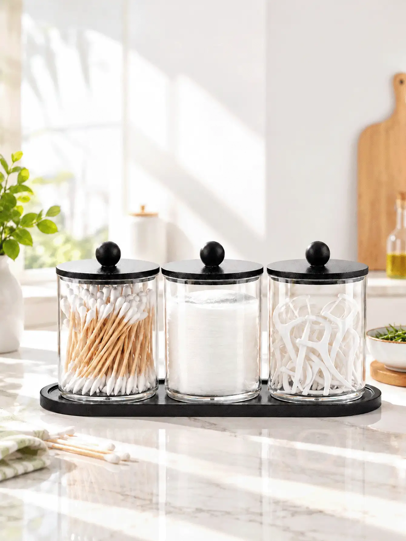 1/2/3/4pcs Set Of Transparent Plastic Bathroom Storage Jars With Black Bamboo Lids And Black Tray, Vanity Organizer Set, Suitable For Swabs, Balls, And Makeup Pads, Bathroom Countertop Cosmetic Storage Box - Multicolor - View 3