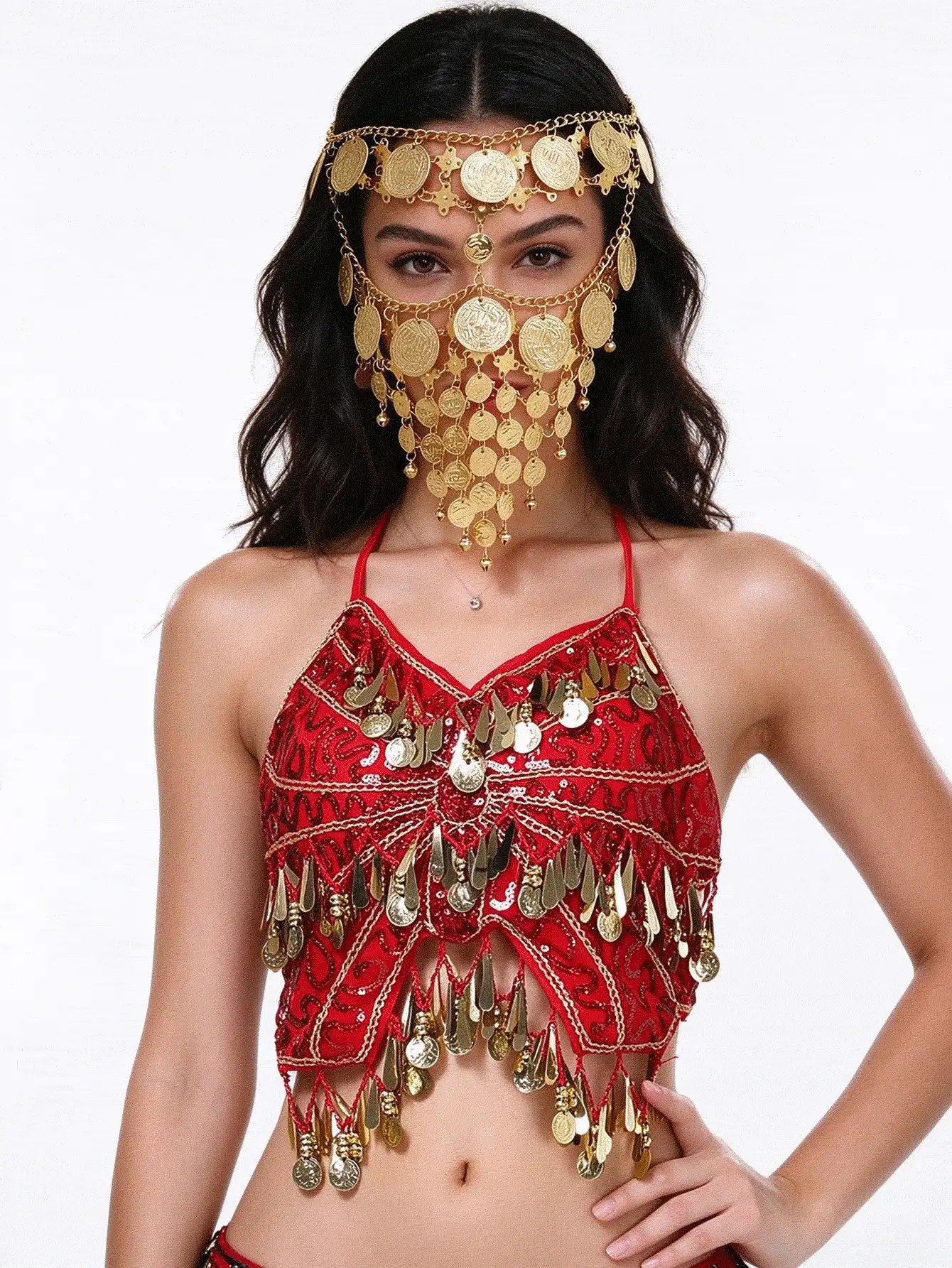 Sequined Halter Bra Top Coin Tassel Fringe, Coin Chain Metal Face Mask Covering, Rumba Stage Show Performance Wear, Multi-Color Available - Multicolor - View 10