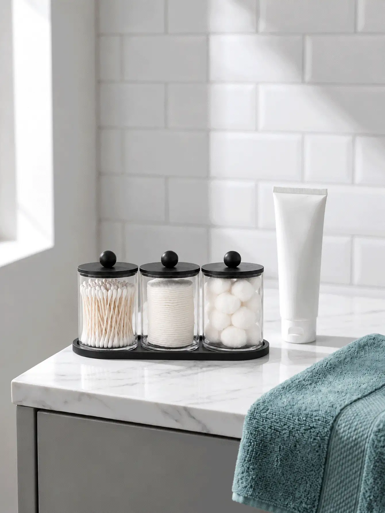 1/2/3 Pcs Bathroom Vanity Swab Holder Set With Tray And Black Bamboo Lids, Ball-Shaped Apothecary-Style Storage Jars For Bathroom Countertop And Dressing Table Organization - View 3