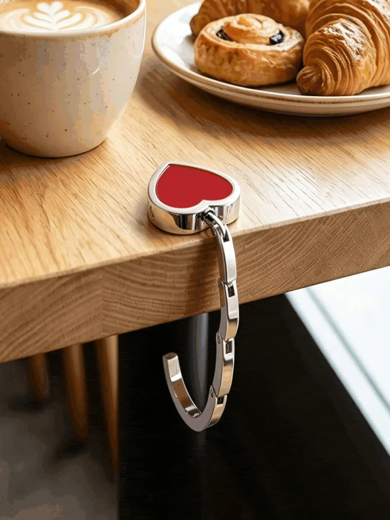 1pc Elegant Heart Shaped Foldable Metal Bag Hanger, Smooth PU Inlay, Portable Table Edge Purse Hook, Home Organization And Storage, Office Supplies And Accessories, Room Decor, For Cafe, Office, Daily Dating & Party Use - Multicolor - View 2