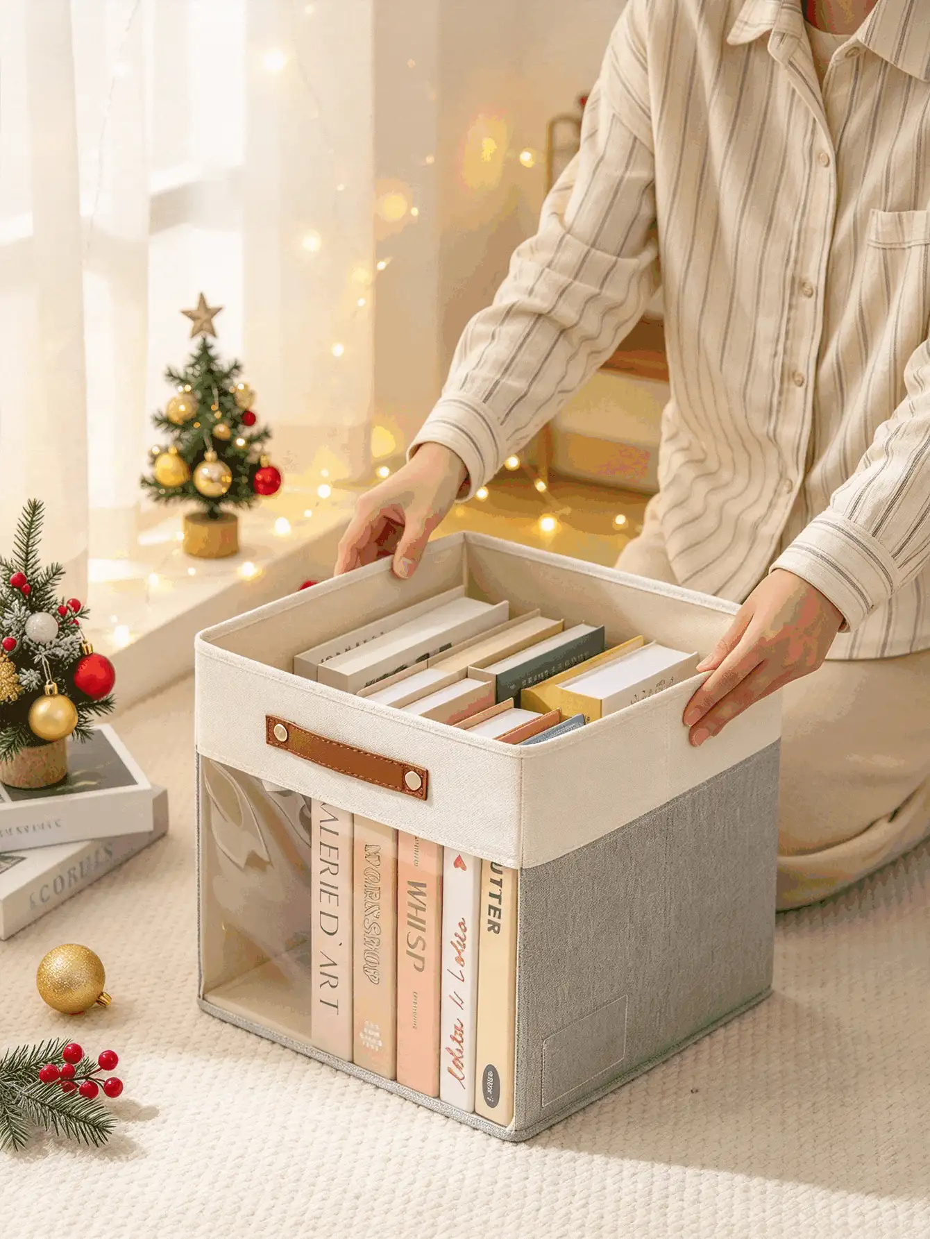1Pc Foldable Fabric Storage Bin, Non-Woven Visible Clothes Organizer Box, For Closet Bedroom Sundries Arrangement, Household Home Storage Container Christmas Decoration Items Storage Foldable Clothing Storage Box Winter Essentials Christmas - Multicolor - View 3