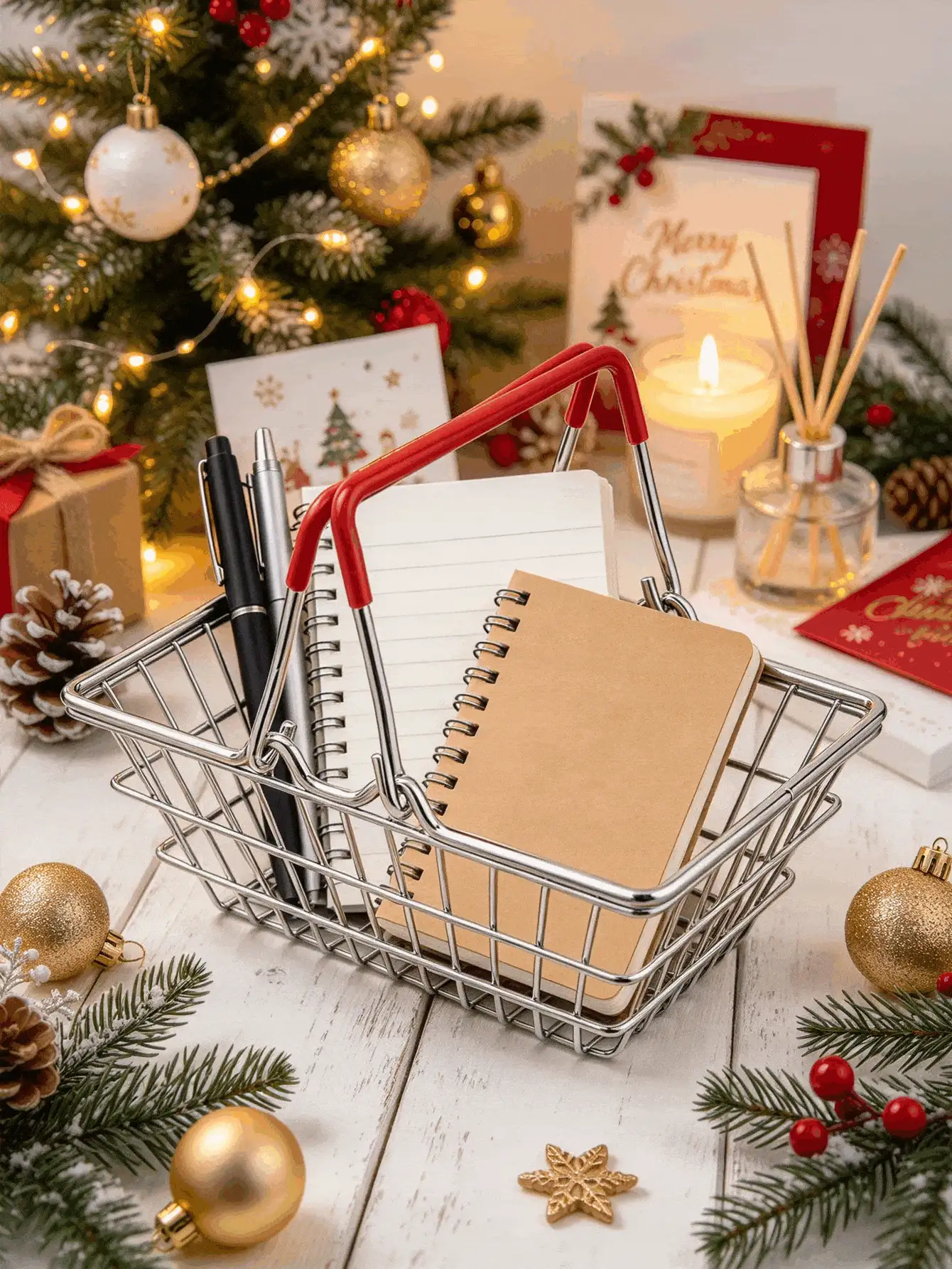 Mini Metal Wire Mesh Shopping Basket, Small Rectangular Desktop Storage Caddy With Red Rubber‑Coated Foldable Handle, Open‑Top Hollow Organizer Holder For Stationery Tiny Trinkets Photo Prop For Home Desk Decor, Christmas Essential - Multicolor - View 3