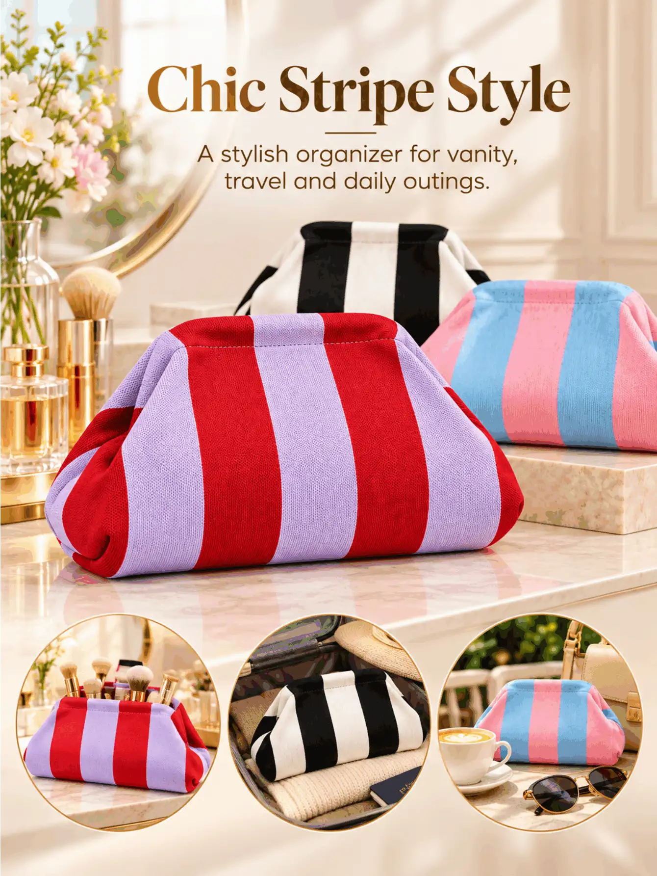 Vertical Stripe Cloud-Shaped Large Capacity Makeup Storage Bag, Casual Style Handbag, Color Block Striped Travel Toiletry Bag, Multi-Functional Portable Storage Pouch, Suitable For Organizing Daily Travel Essentials - Multicolor - View 2