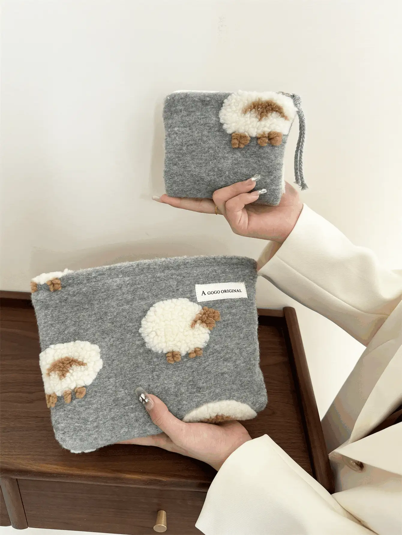 3pcs Lamb Wool Makeup Bag Cosmetic Storage Pouch Inner Lining Bag Red Portable Large Capacity Handbag - Multicolor - View 3