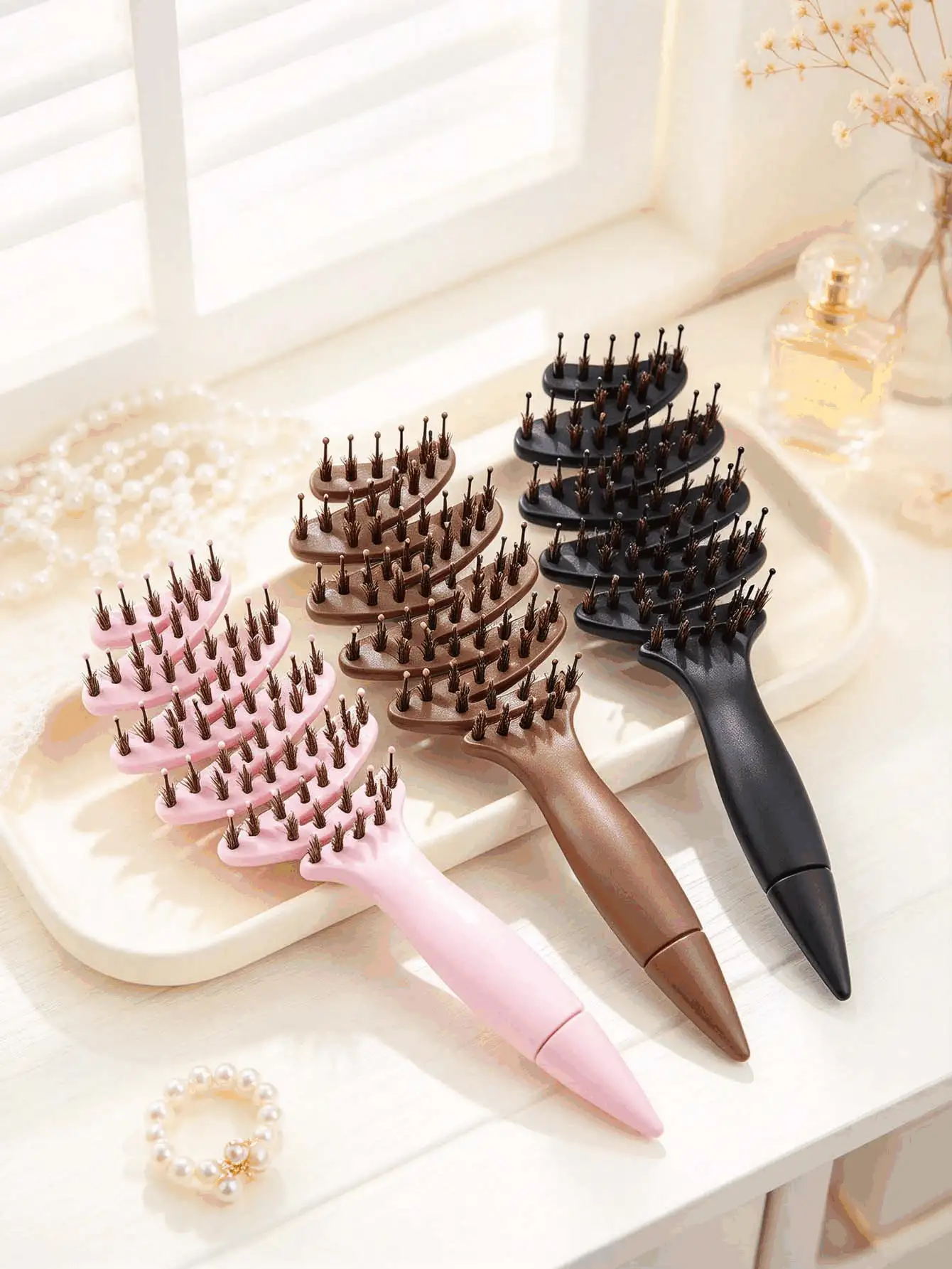 1pc Minimalist Solid Plastic Hair Comb Set, Curved Wide Tooth Comb & Replaceable Bristle Paddle Brush With Detachable Pointed Tail, For Hair Detangling, Sectioning & Styling, Suitable For Bathroom, Hair Salon, Daily Home Hair Grooming - Multicolor - View 2
