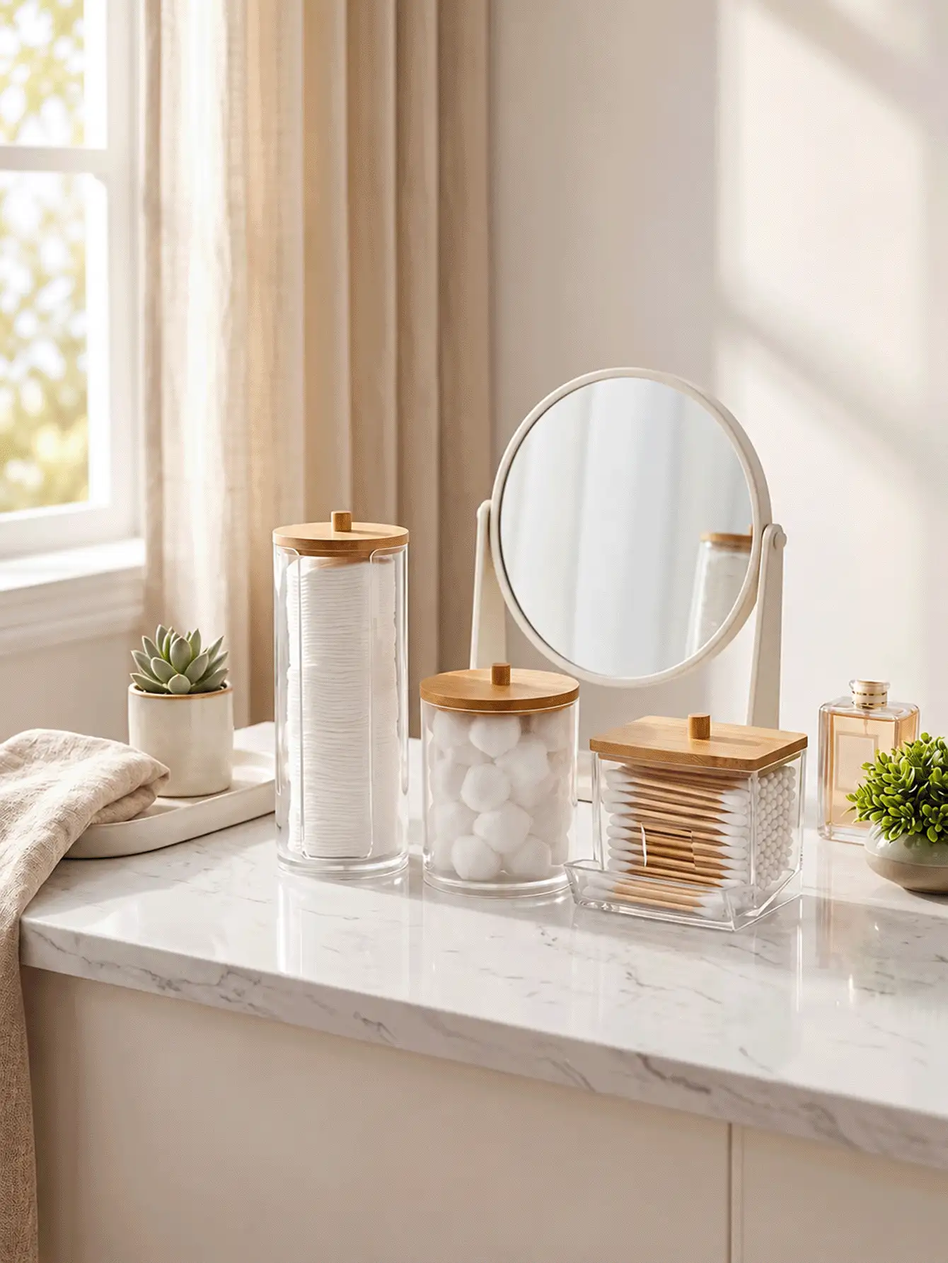 1/2/3 PiecesClear Bathroom Organizer Set With Bamboo Lids, Swab Dispenser, Tall Round Pad Holder And Storage Jar For Beauty Balls, Floss Picks And Small Accessories, Countertop Storage For Bathroom And Dressing Table - Multicolor - View 3