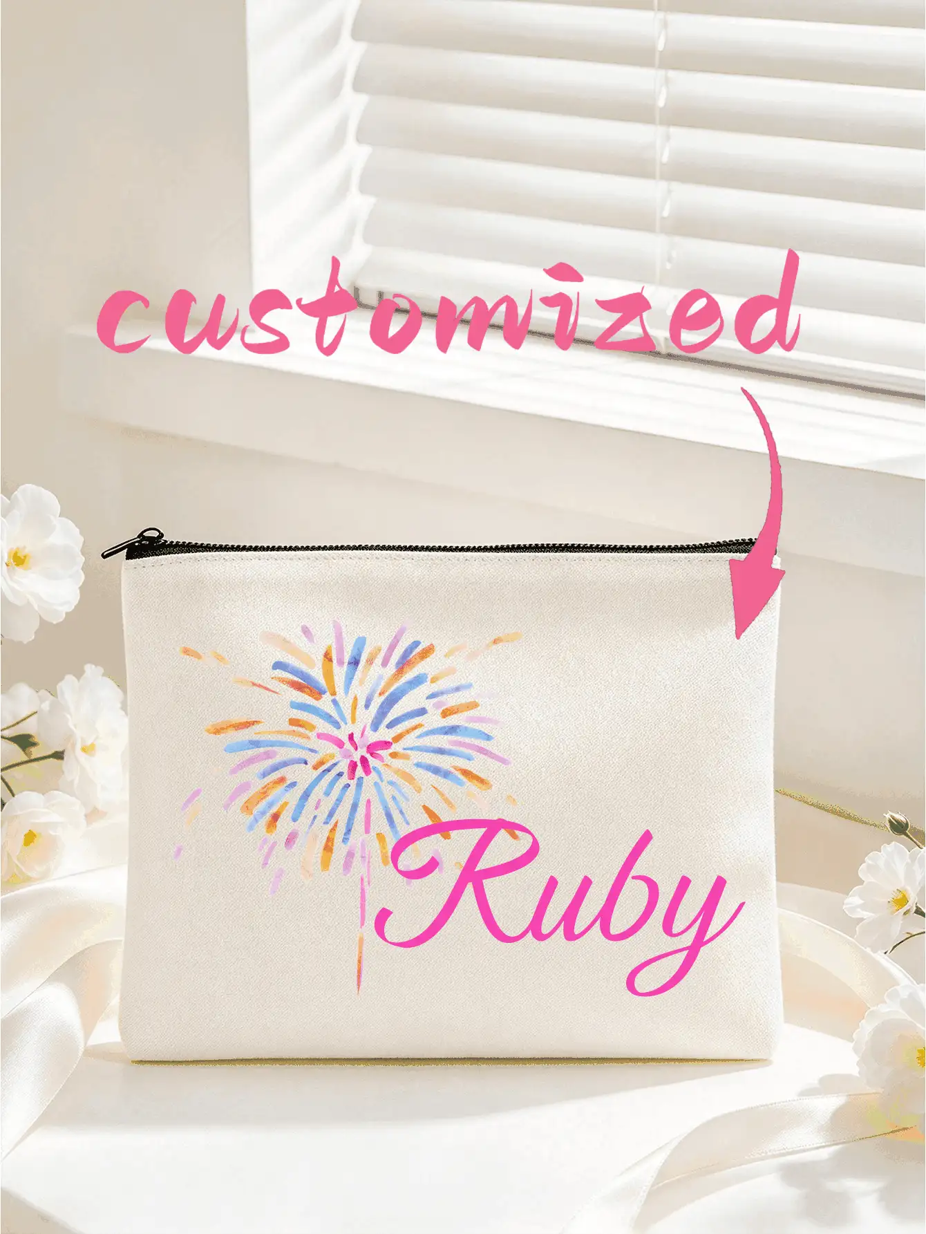 Personalized Eucalyptus Cosmetic Bag, Customized Text Makeup Bag, Travel Toiletry Storage Bag, Bridesmaid Gift, Birthday, Christmas, Wedding Favor - Multicolor - View 3