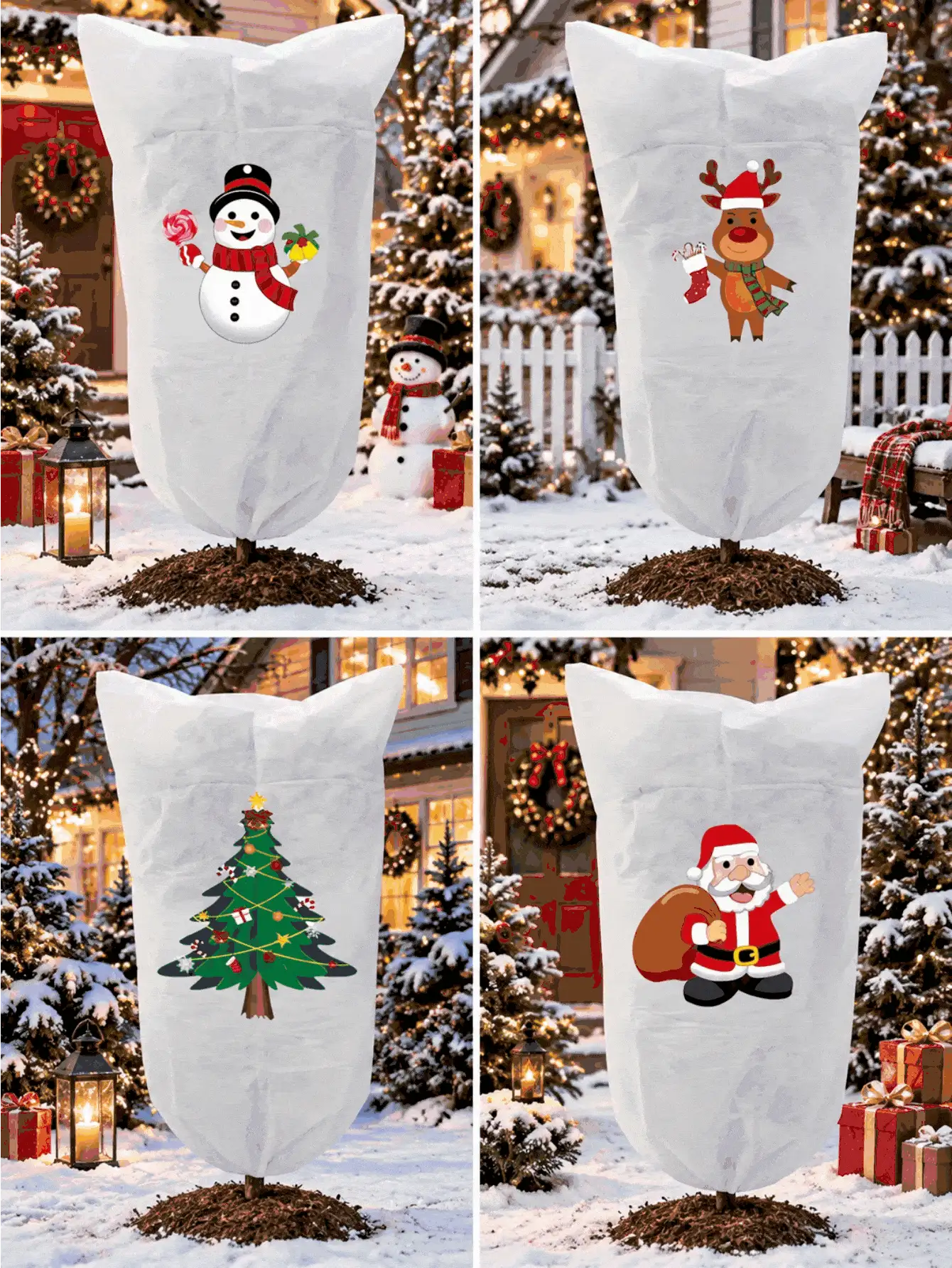 Christmas Plant Frost Cover, Reusable Non-Woven Fabric Plant Winter Coat Bag With Drawstring, Reindeer Tree Snowman Santa Claus Pattern Plant Protection Bag, Suitable For Outdoor Garden Flower Pots, 4 Styles Available - Multiple Styles - View 3