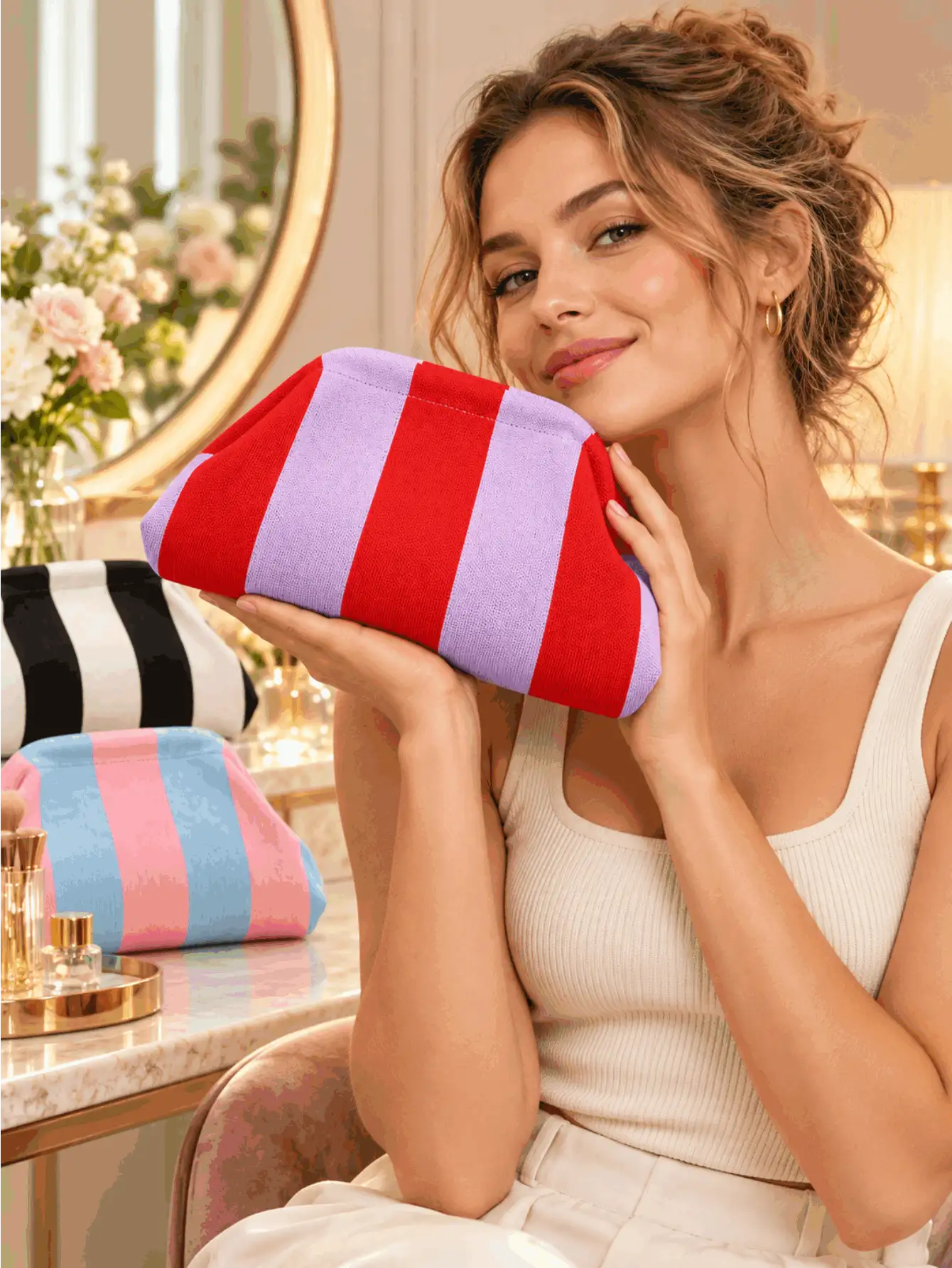 Vertical Striped Makeup Bag Large Capacity Storage Bag Casual Style Handbag Color Block Striped Travel Toiletry Bag Multi-Functional Portable - Multicolor - View 2