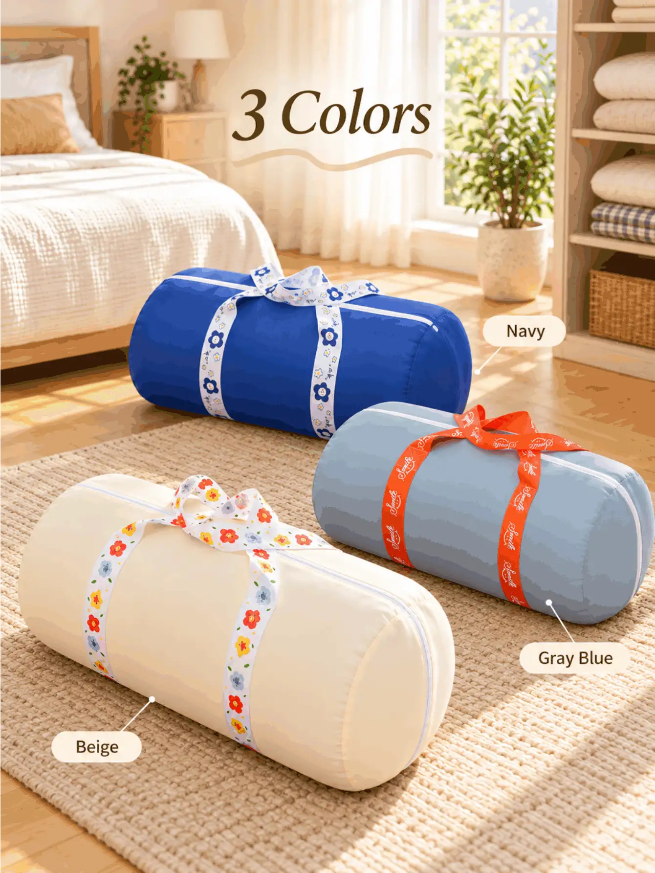 Cylindrical Storage Bag For Travel Essentials, Clothes, Down Jackets And Quilts, Large Capacity Zippered Duffel Organizer With Printed Carry Handles, Home Essentials For Bedroom Storage, Weekend Trips, Camping Accessories And Holiday Packing - Multicolor - View 3
