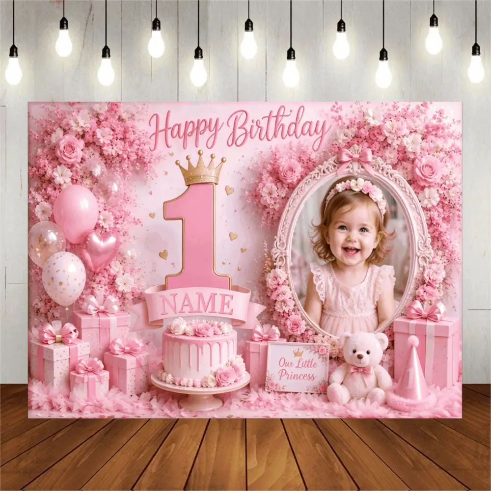 Customizable Photo & Name Pink Floral 1st Birthday Happy Birthday Backdrop, Pink Floral Banner, Balloons, Birthday Cake, Gold Crown, Gift Box, Teddy Bear Decor Design, Suitable For Princess 1st Birthday Theme Party Cake Table Background Decoration Photography Banner Vinyl - E - View 2