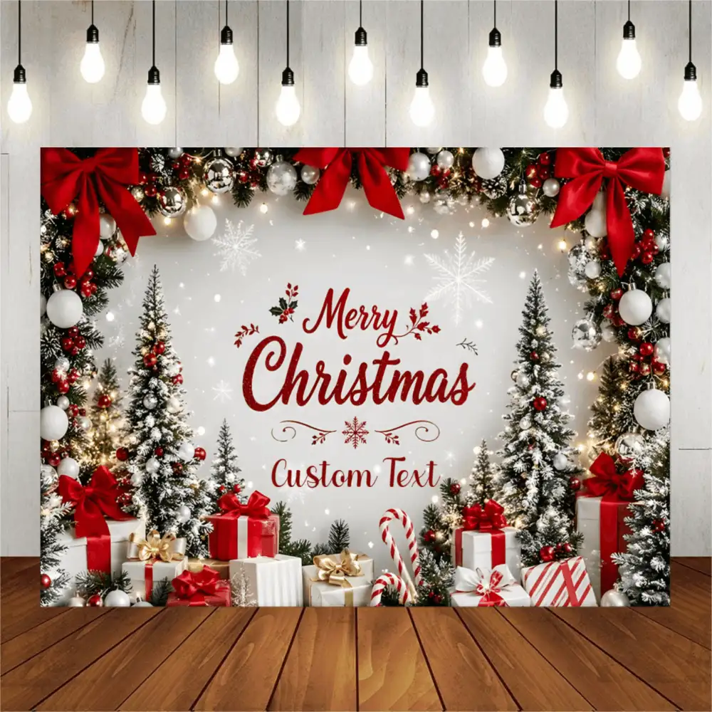Latar Belakang Tema Natal Musim Dingin dengan Teks & Foto yang Dapat Disesuaikan, Pohon Natal, Kotak Hadiah, Daun Holly, Permen Tongkat, Lonceng, Pita, Desain Dekoratif Pola Kepingan Salju, Cocok untuk Pesta Natal, Pertemuan Keluarga, Doa, Dekorasi Latar Belakang Fotografi, Spanduk Fotografi, Vinyl - MultiWarna - View 2