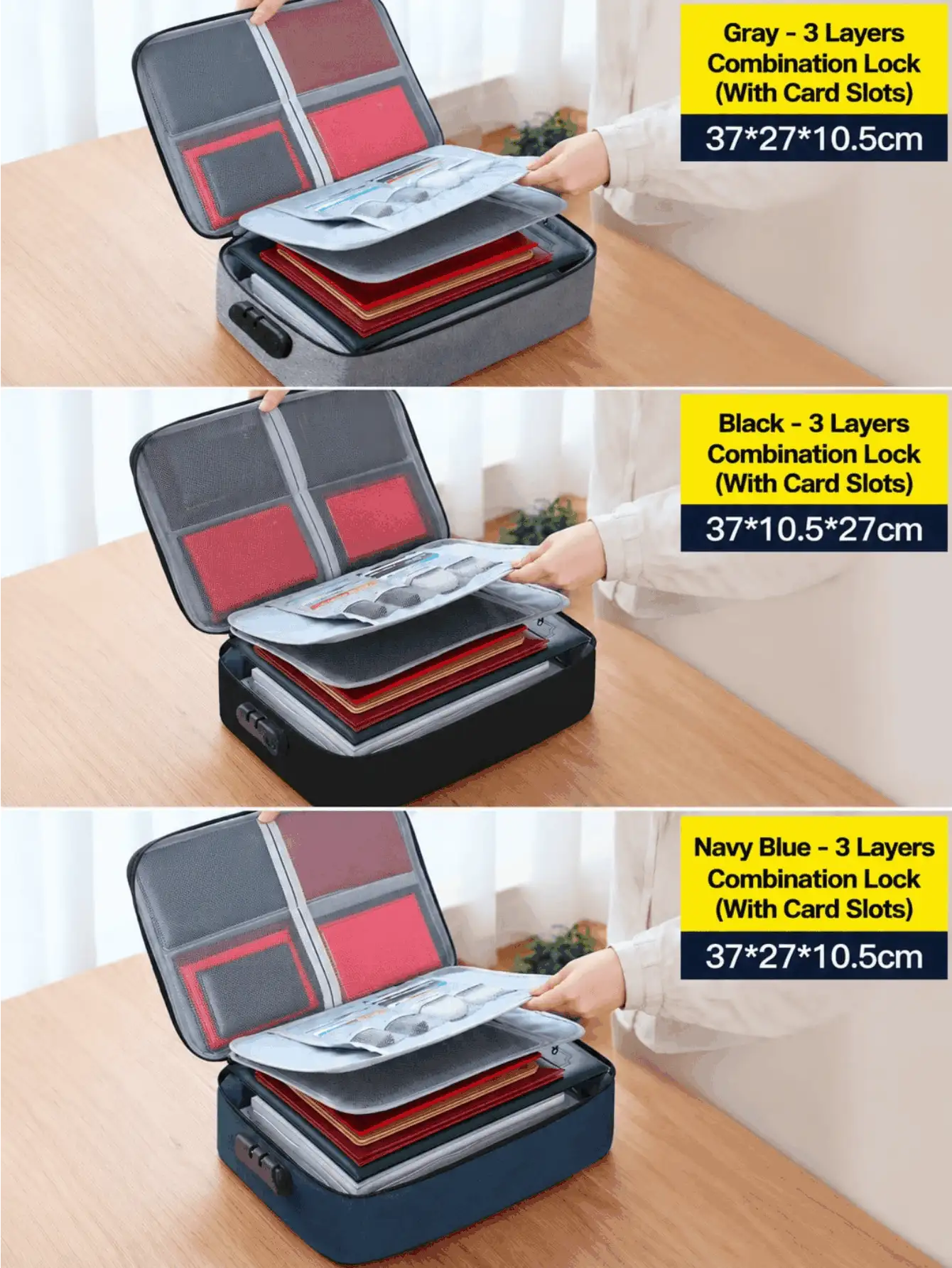Caja de almacenamiento de archivos con cerradura de combinación de 3 capas y asa, organizador portátil de gran capacidad para tarjetas y pasaportes, bolsa de almacenamiento de viaje de tela Oxford, organizador de artículos de papelería esencial para el hogar, accesorio de viaje para la vuelta al colegio - Multicolor - Ver 3