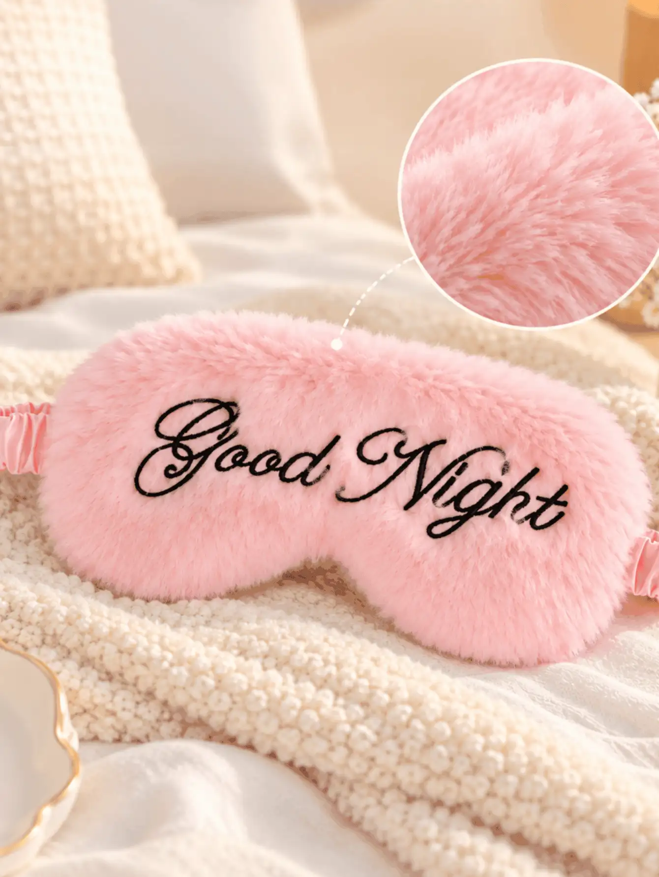 Plush Sleep Eye Mask With Embroidered Letters, Soft Light-Blocking Eye Mask, Suitable For Women, Comfortable Travel Essential, Applicable For Airplane And Home, Cute Bedroom Accessory, Women's Holiday Gift, Travel Camping Sleep Accessory - A - View 3
