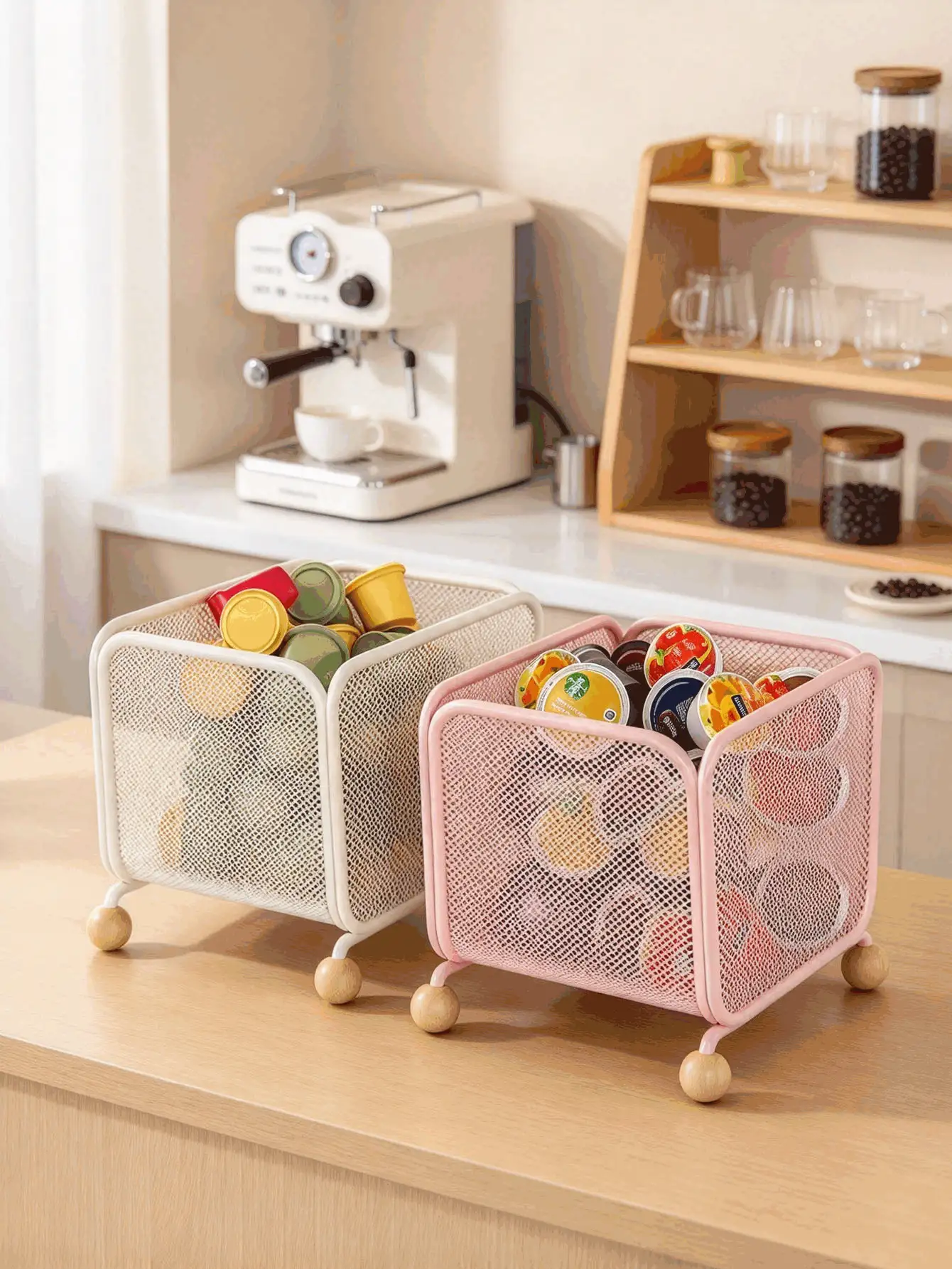 1PCMesh Storage Basket, Metal Wire Storage Bin With Wooden Ball Legs, Desktop Organizer For Coffee Pods, Cosmetics, Snacks, Multipurpose Storage Bin For Kitchen Counter, Office Desk, Bedroom Vanity, Sturdy Mesh Basket, Keep Table Neat - Multicolor - View 3