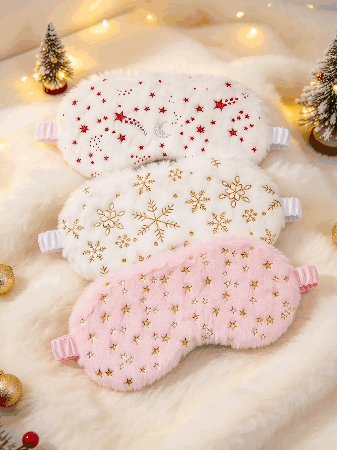 1PCSChristmas Eye Mask, Plush Sleep Mask, Christmas Sleeping Accessory For Women Girls, Star Snowflake Moon Pattern Eye Mask, Soft Furry Blindfold, Cute Holiday Sleep Mask For Travel Nap And Daily Rest, Sweet Christmas Gift - Multicolor - View 3