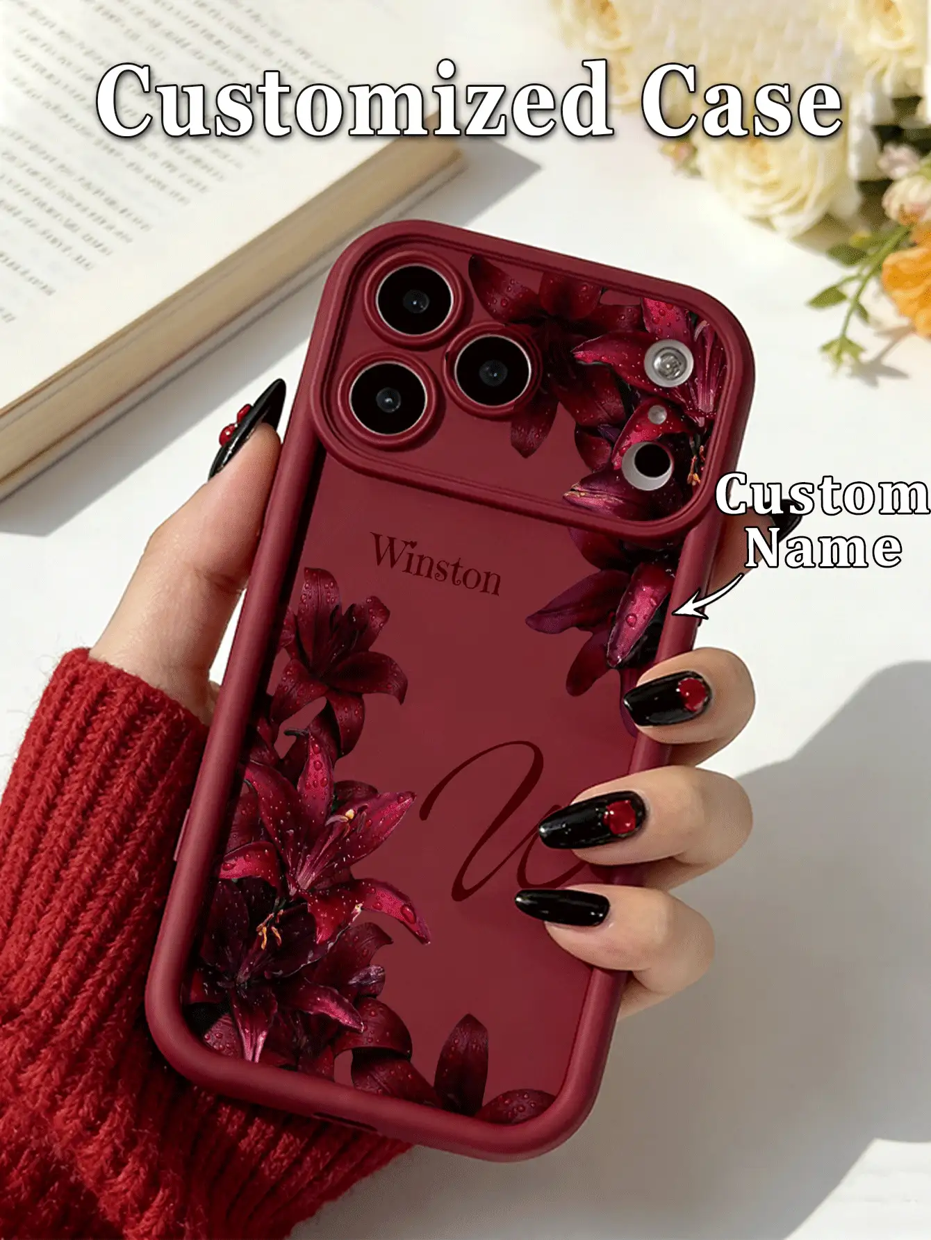 Custom Name Letter Phone Case, Lily Frame Pattern TPU Thickened Full Coverage Shockproof Silicone Lens Protection Shell, Suitable For 16Pro/15 - Burgundy - View 2