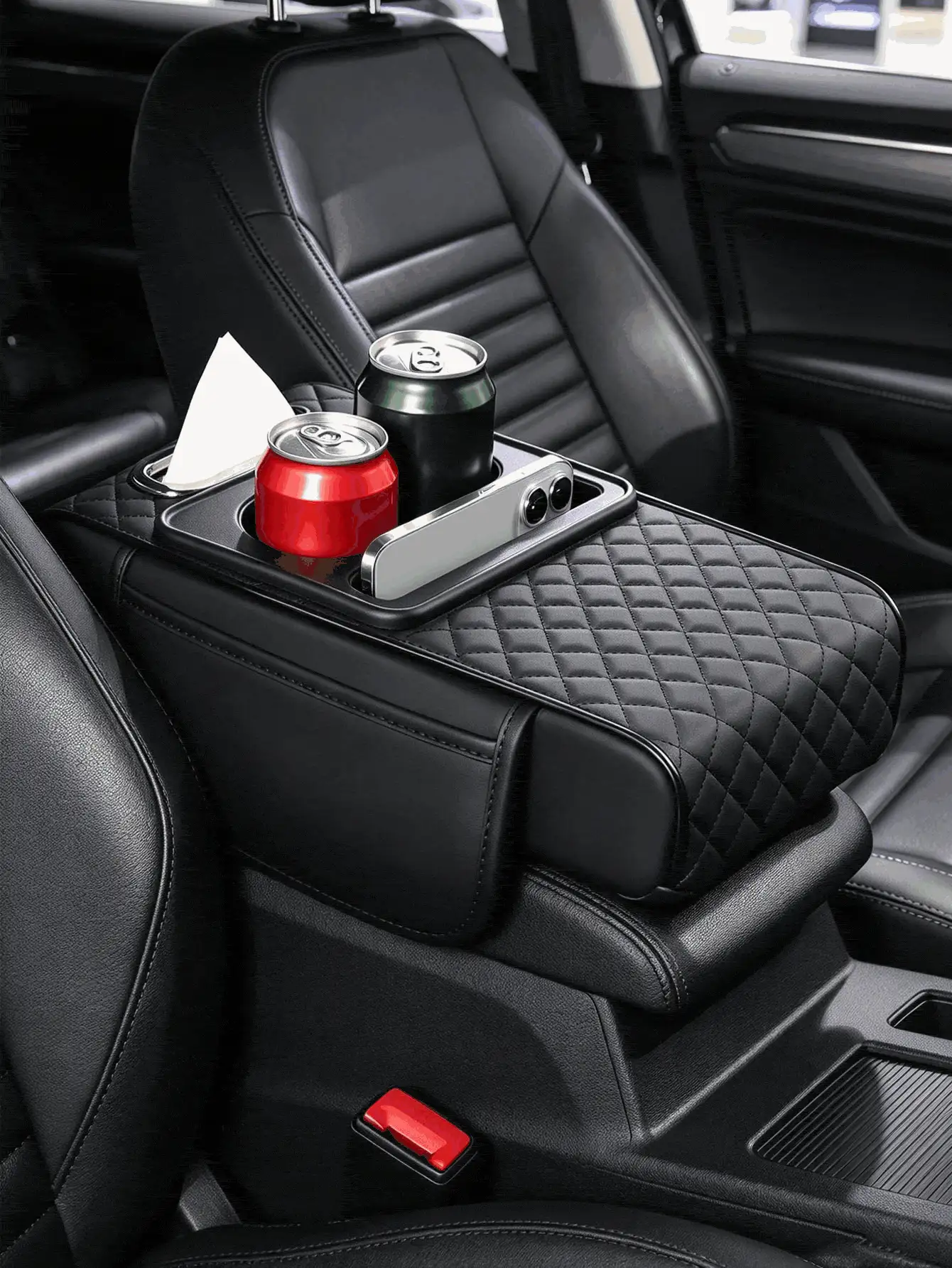 1PCCar Armrest Storage Box With Cup Holder, PU Leather Center Console Armrest Cushion, Multifunctional Car Organizer With Tissue Holder & Phone Slot, Universal Auto Armrest Pad For Drinks, Small Items Storage For Most Vehicle Models Car Acessesories - Multicolor - View 3