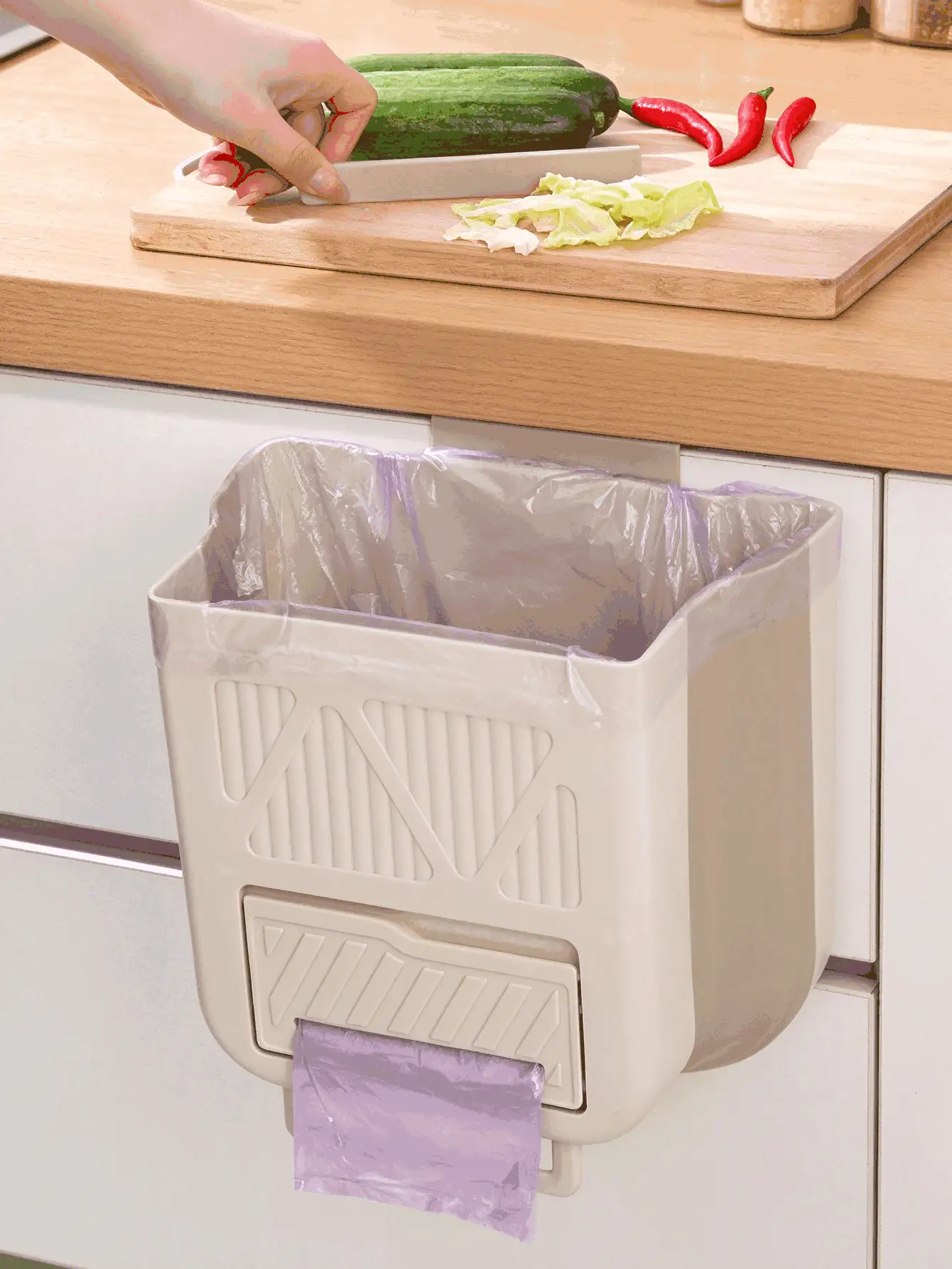 1pc No-Drill Kitchen Trash Can, Wall-Mounted Trash Can With Embossed Texture And Built-In Drawer, No-Drill Hanging Design, Suitable For Trash Storage, Kitchen Trash Can, Suitable For Kitchen, Bedroom, Christmas Home Decor, Room Decor And Kitchen Utensil Storage - Multiple Styles - View 3