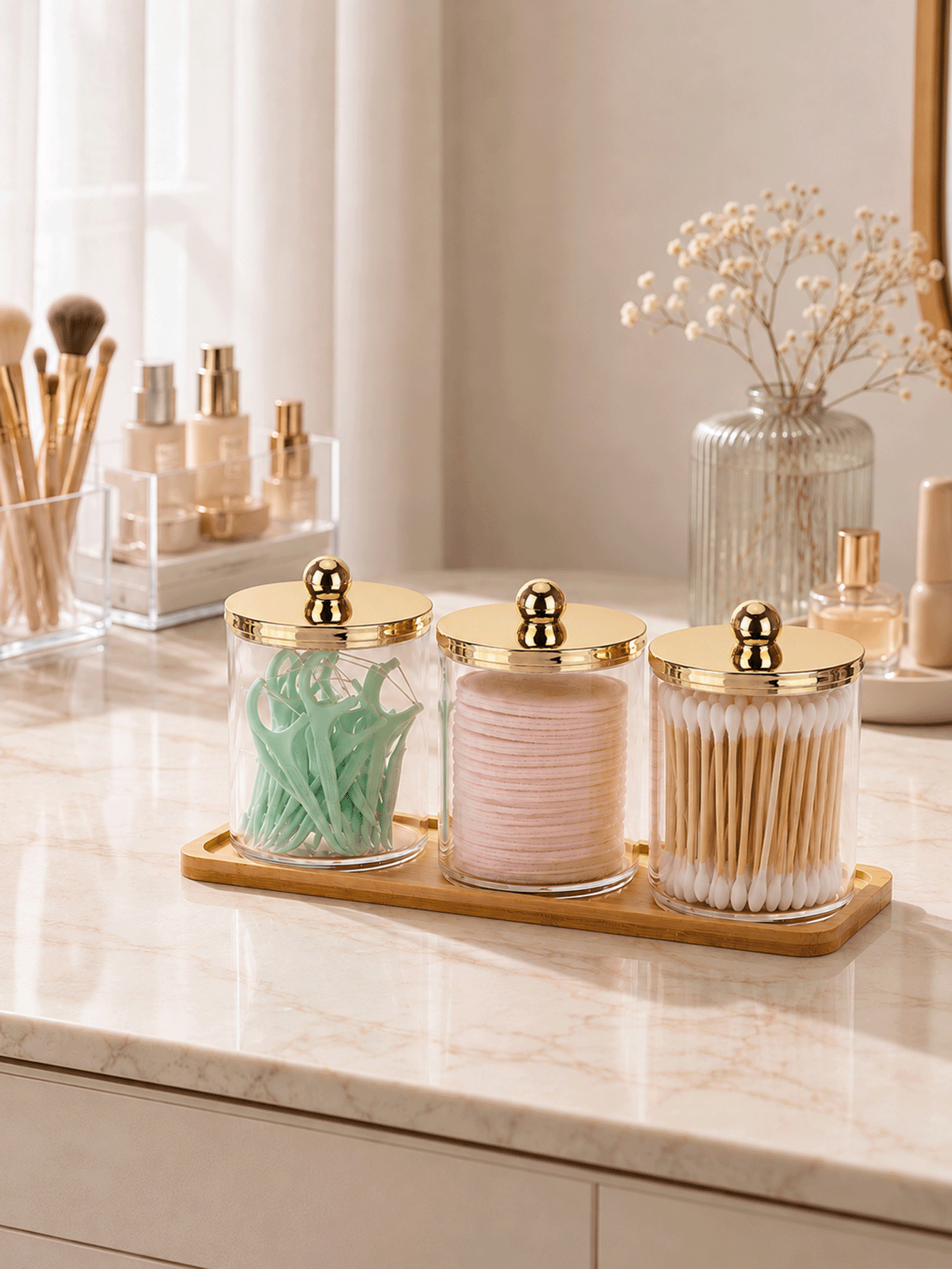 1/2/3 Packs Clear Bathroom Storage Jars With Gold Knob Lids And Bamboo Tray, Q Tip Dispenser And Floss Pick Organizer For Makeup Rounds, Hair Bands And Daily Essentials, Compact Vanity Table And Sink Counter Storage - Multicolor - View 2