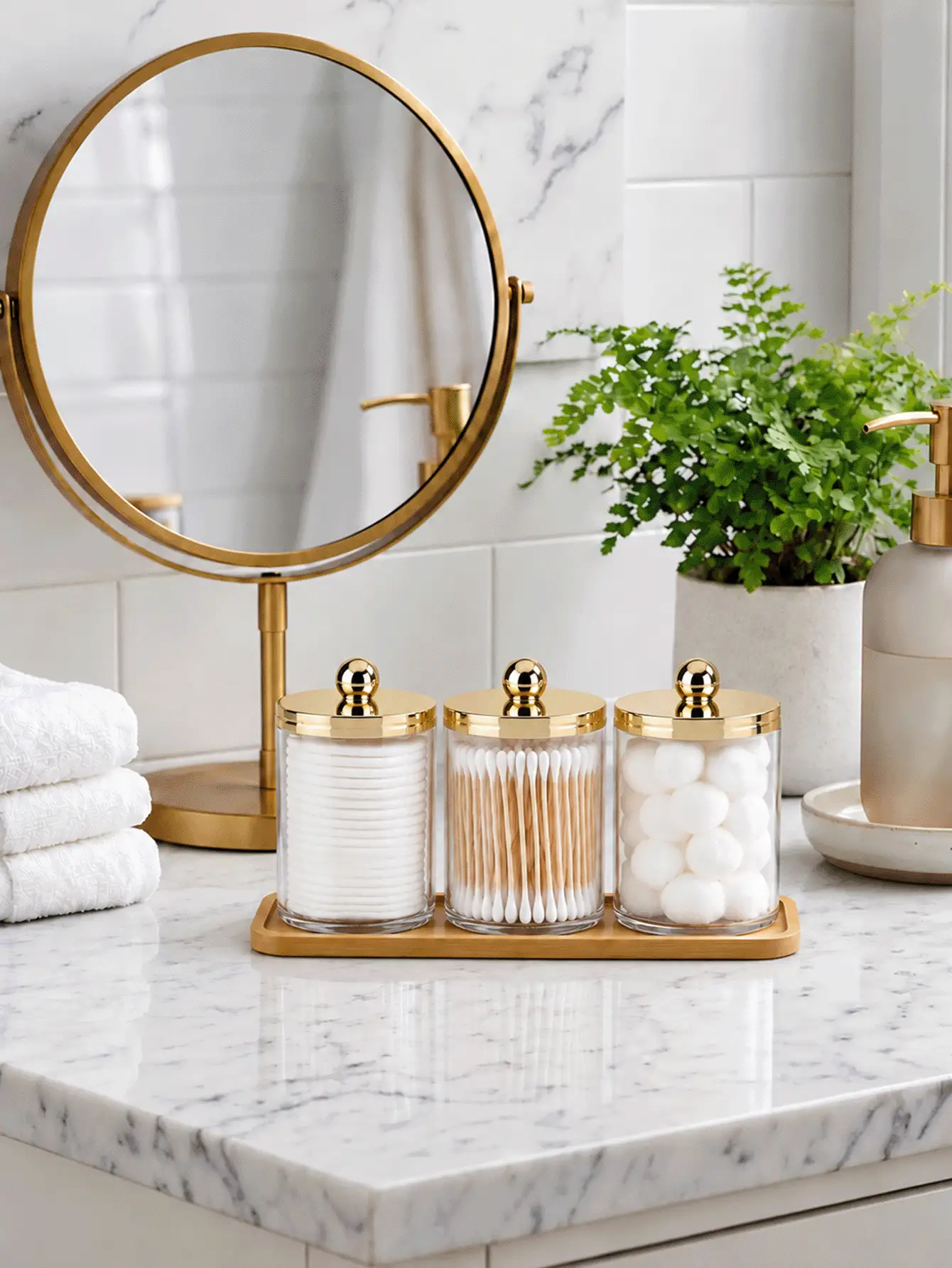1/2/3Pcs Q Tip And Floss Pick Holder Set With Bamboo Tray, Clear Plastic Bathroom Storage Canisters With Shiny Gold Lids, Decorative Makeup Pad And Beauty Tool Organizer For Vanity Countertop And Bathroom Shelf - Multicolor - View 2