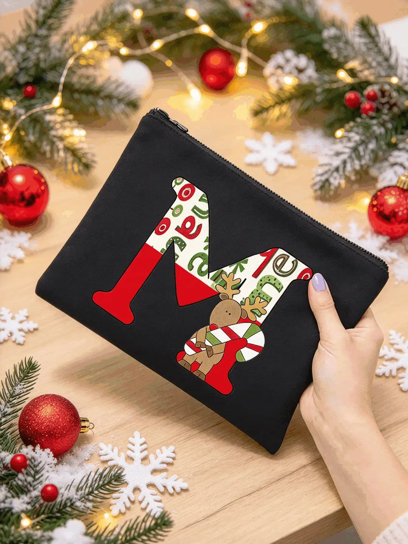 Christmas A-Z Letter Print Canvas Zipper Storage Bag, Black Multi-Function Cosmetic Organizer, Christmas Reindeer Pattern Makeup Storage Bag, Women's Holiday Gift - Multicolor - View 2