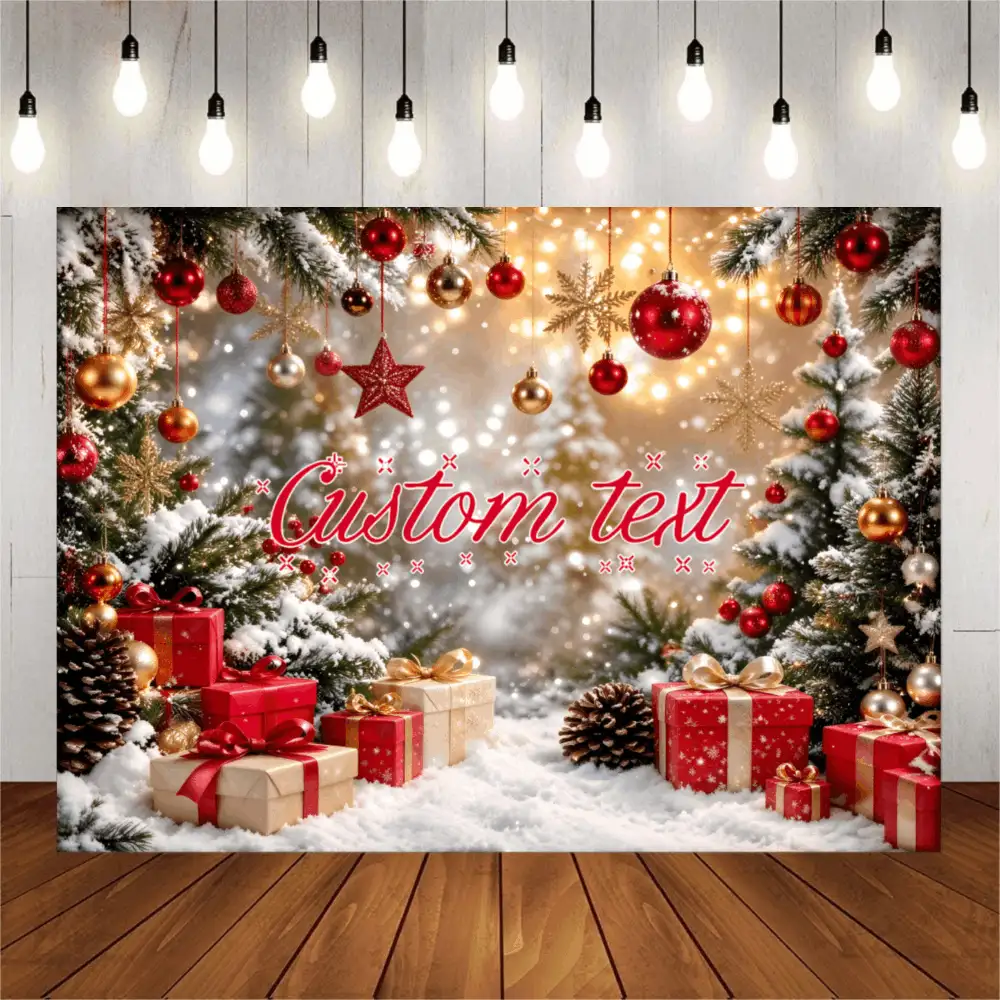 Customizable Text Winter Christmas Theme Backdrop, Christmas Tree, Gift Box, Holly, Candy Cane, Bell, Pine Cone, Snowflake Pattern Decorative Design, Suitable For Christmas Party, Family Gathering, Prayer, Photography Background Decoration, Photography Banner, Vinyl - Multicolor - View 3