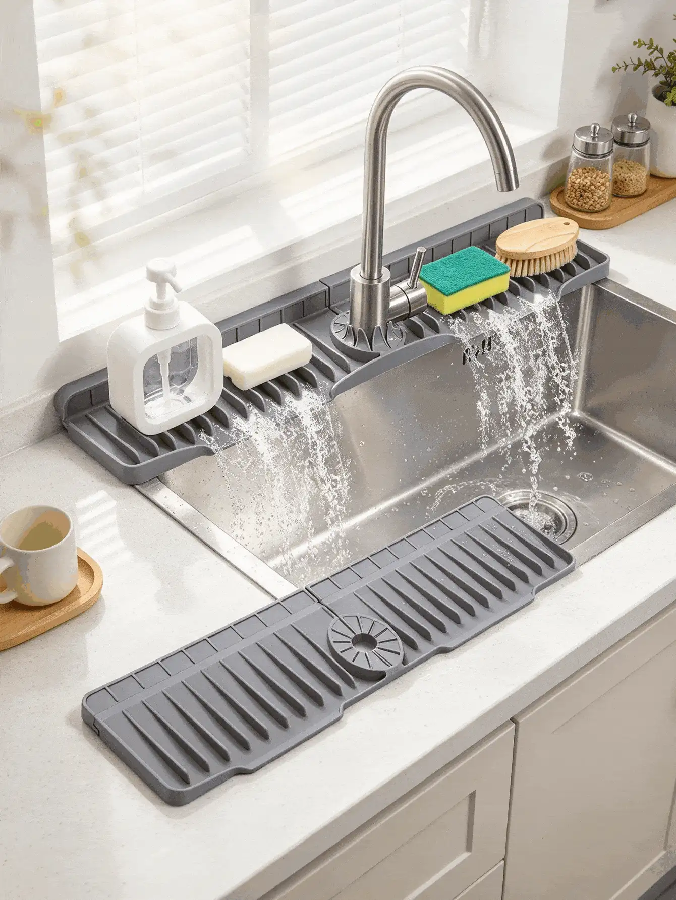 Faucet Splash Guard Mat - A Non-Slip Drainage Mat, Suitable For Sinks, Quick Drying, Protects Bathroom And Kitchen Sinks. Easy To Clean Surface, Suitable For Single-Hole Faucets, Suitable For Kitchen And Bathroom Washbasins (Please Select The Appropriate Size To Purchase) - Grey - View 3