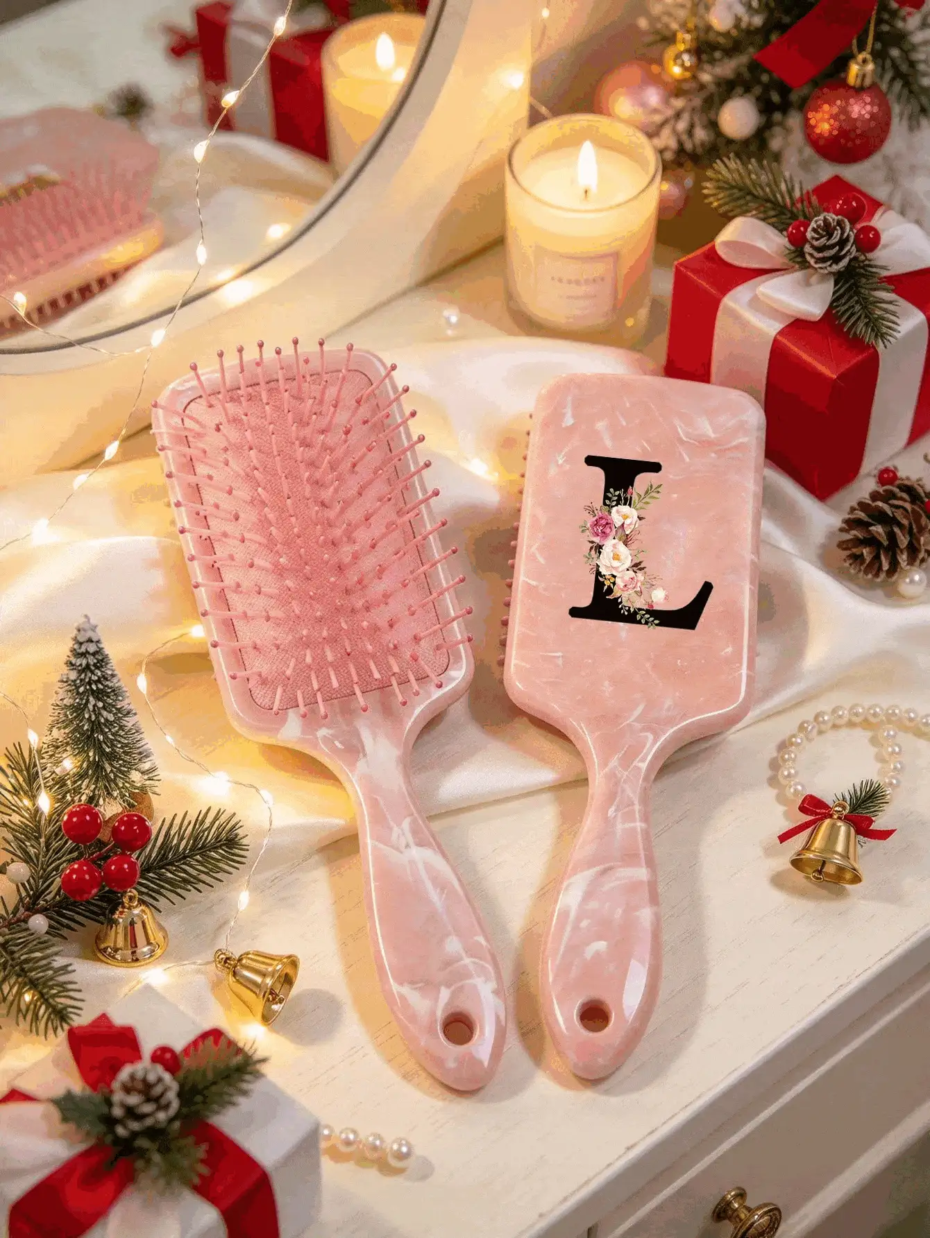 A-Z Alphabet Flower Print Pink Marble Design, Soft Detangling Bristles With Anti-Static Scalp Massage, Gentle Hair Detangler For Daily Travel, Bridesmaid Stocking Stuffer Gift & Birthday Accessory - Multicolor - View 2