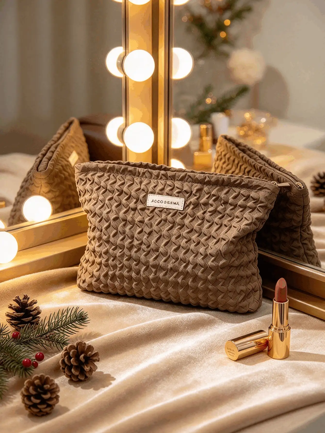 1pc Minimalist Textured Fabric Makeup Pouch, Wavy Embossed Portable Cosmetic Storage Bag, Neutral Tone Toiletry Organizer, Christmas Gift, Christmas Party Supplies For Travel & Home Use - Multicolor - View 2
