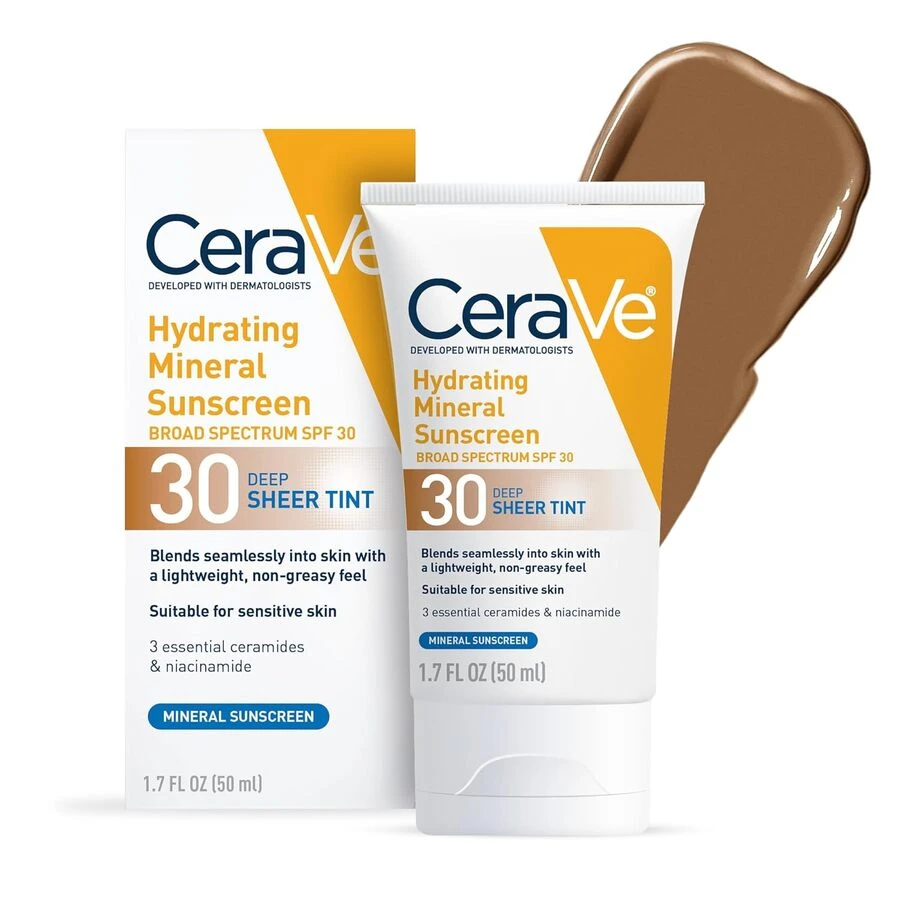 CeraVe 保湿矿物防晒霜广谱 SPF30 透明色调，适用于面部深层 1.7 盎司/50 毫升 生日、毕业典礼、派对、旅行、露营、户外、学校、校园旅行、节日、夏季秋季 - 彩色 - 查看 1