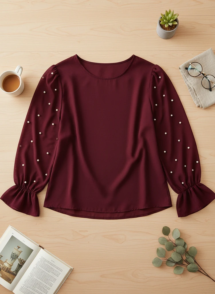 Plus Size Solid Color Round Neck Raglan Lantern Sleeve Beaded Elegant Blouse
