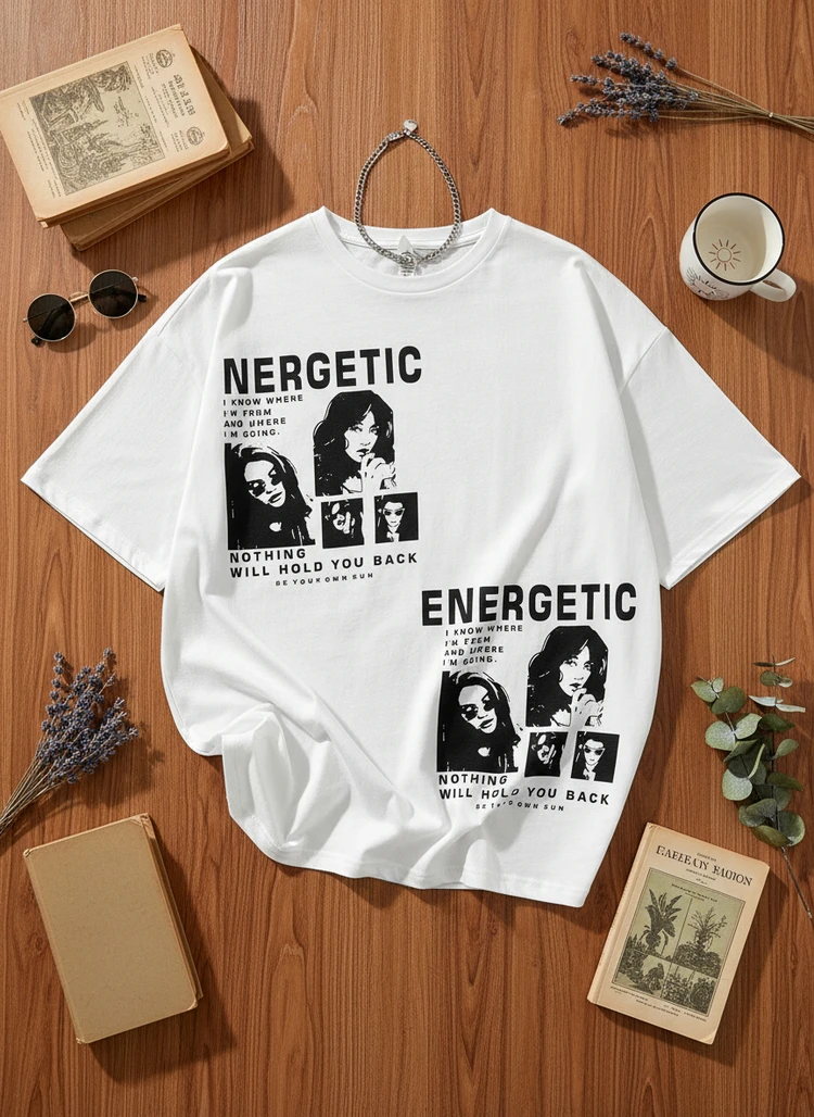 Figure & Slogan Graphic Drop Shoulder Tee