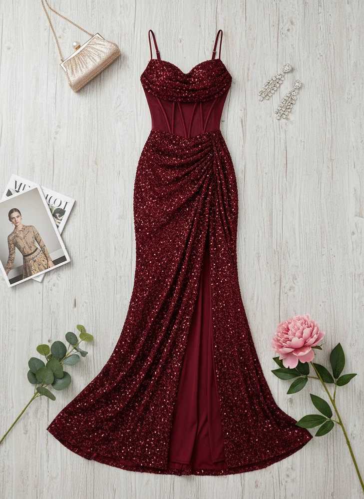 Elisanya Vestido con tirantes de espagueti, cuello en V, parche de malla con lentejuelas, cintura alta, con cinturón de lazo, espalda descubierta, abertura, adecuado para vestido de noche de graduación o fiesta - Burdeos - Añade 1