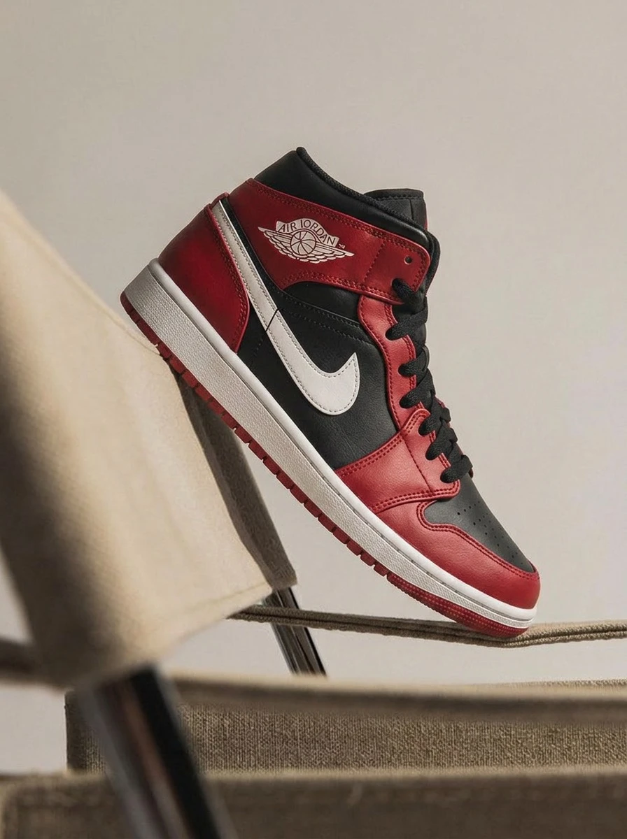 Jordan Air 1 Mid 男士运动鞋 经典中帮 支撑缓震 厚底 防滑皮革 撞色拼接 运动健身 步行 街头 黑色 健身 红色 白色 DQ8426-061 - 黑/白-健身紅 - 查看 1