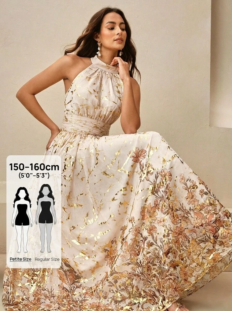 Women's Elegant Romantic Vintage-Style High-End Silk Crinkle Foil Print Ruched Waist Long Dress, Suitable For Dates, Powder Pink
