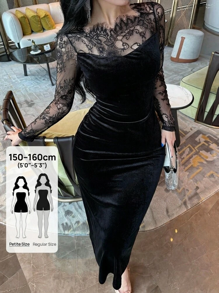 Women's Lace & Velvet Patchwork Long Sleeve Midi Party Dress Sundress Petite