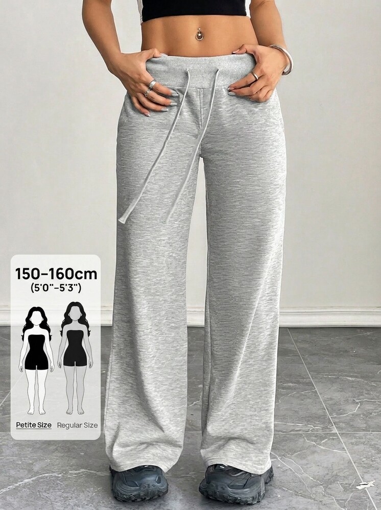 SHEIN PETITE 舒适休闲纯色针织低腰阔腿女式运动裤 - 灰色 - 查看 1