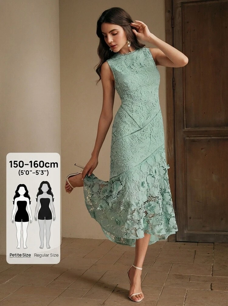 Women's Elegant Round Neck Lace Hollow-Out Patchwork Dress, Spring/Summer Sleeveless Dress Turquoise Dress Women Wedding Guest Elegant Lace Dress