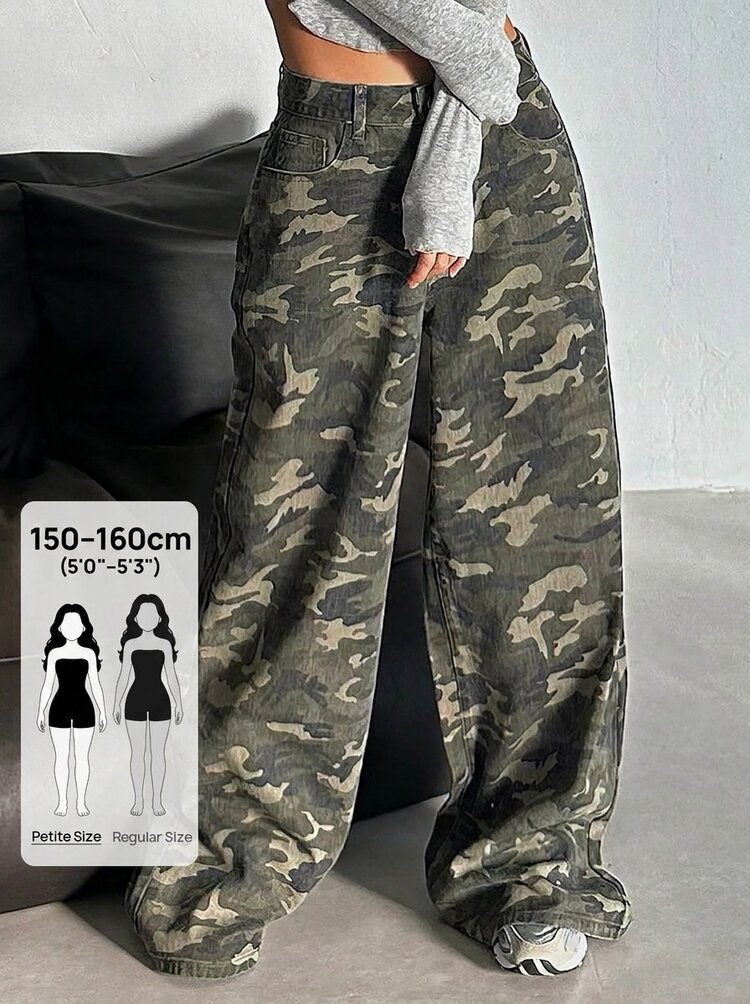 Women's Loose Fit Camouflage Denim Jeans, Korean Street Style Petite