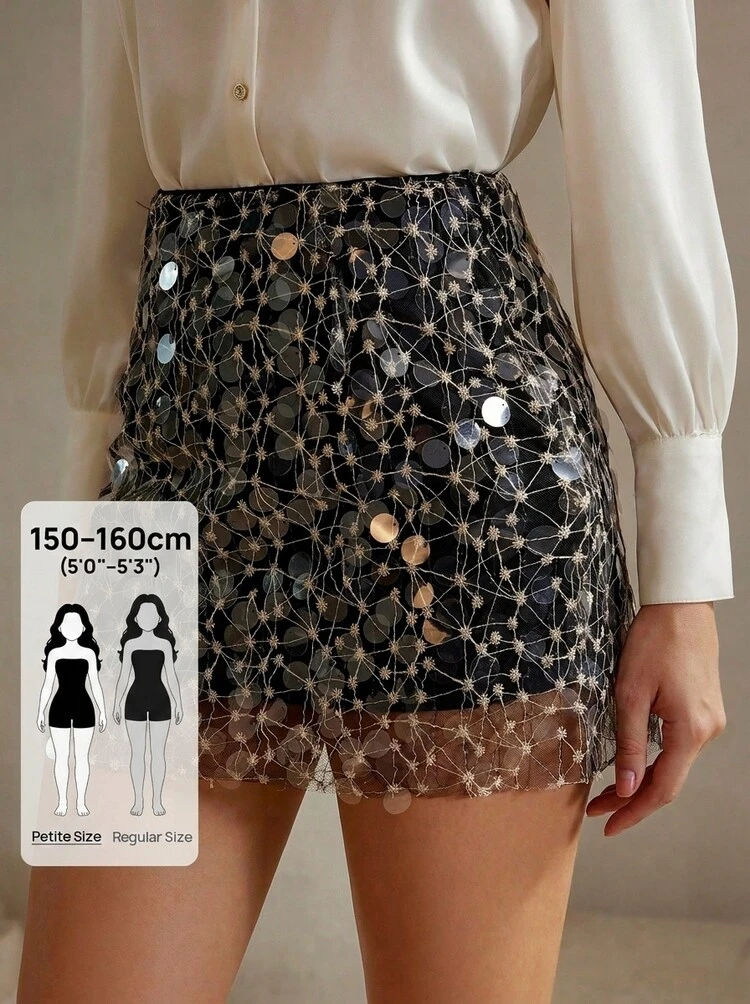 Petite Women's Elegant Sequin Mesh Mini Skirt, Apricot Color