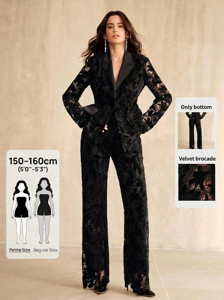 Women's Black Summer Elegant Formal Evening Velvet Hollow Embroidered Patchwork Woven Trousers,Chic Delicate Party Work Graduation Fashion