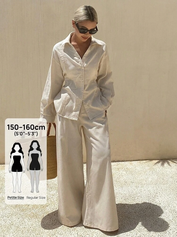 Women's Collared Long Sleeve Shirt And Elongated Pants, Korean Style Casual 2 Pieces Set Lounge Sets For Women Petite