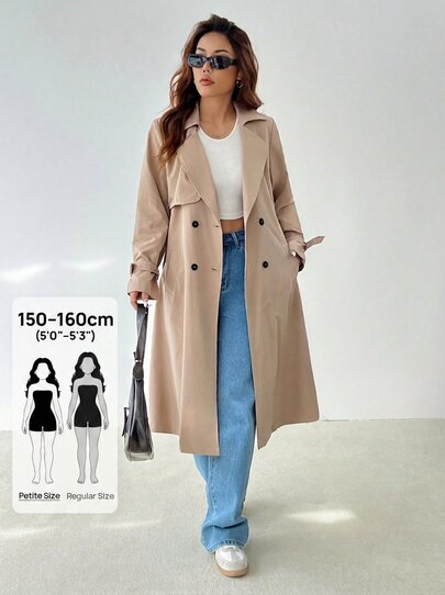 SHEIN PETITE Elegant Waist Cinched A-Line Long Sleeve Trench Coat, Autumn/Winter