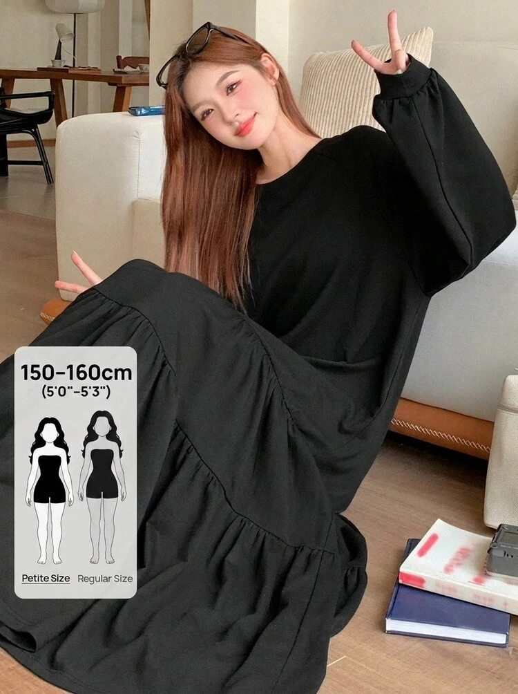 Women's Round Neck Solid Color Ruffle Hem Korean Style Casual Mid-Length Dress Maxi Dress Sundress Petite