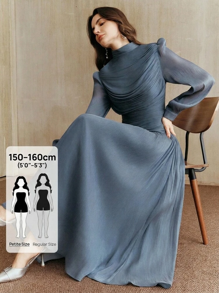 Elegant Ruched Long Sleeve Dress, Stylish For Spring/Summer, New Year, Valentine's Day Party, Going Out, Petite