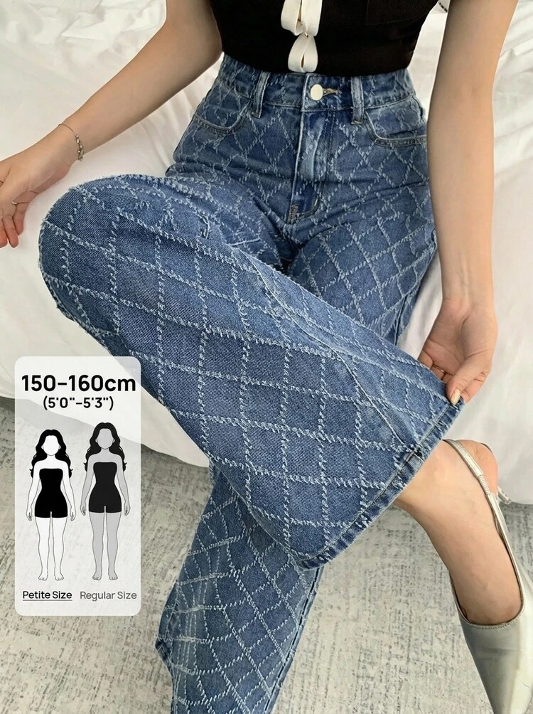 Women's Textured Washed Korean Style Versatile Jeans Petite