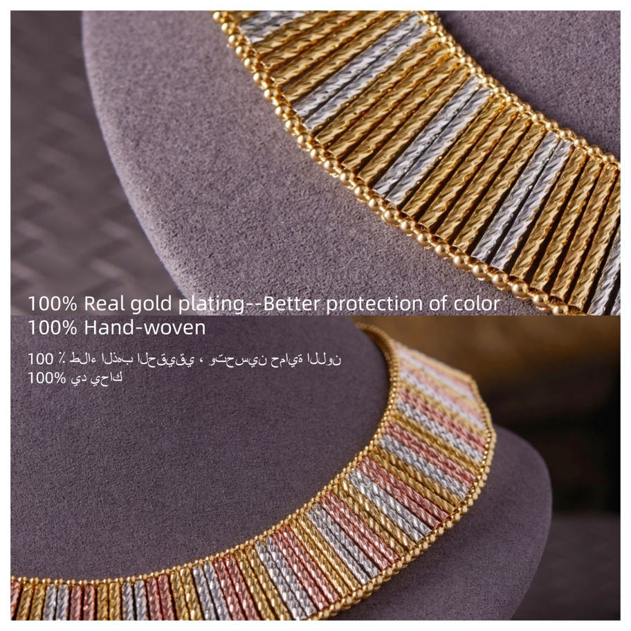 4 Pcs Set Handmade Italian Tricolor Copper Tube Combination With Double Row Beaded Necklace Bracelet Earrings And Open Ring Suitable For Ladies Party Wear Ramadan Gift p 58463015