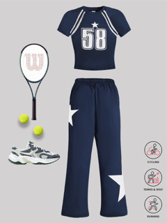 SPORT New Spring Summer Tween Girl Teal Star Number Letter Print Short T Shirt Asymmetric Star Print Pants 2 Pieces Set Fashion Casual Athleisure Outdoor Running Cycling Tennis Baseball p 60814916